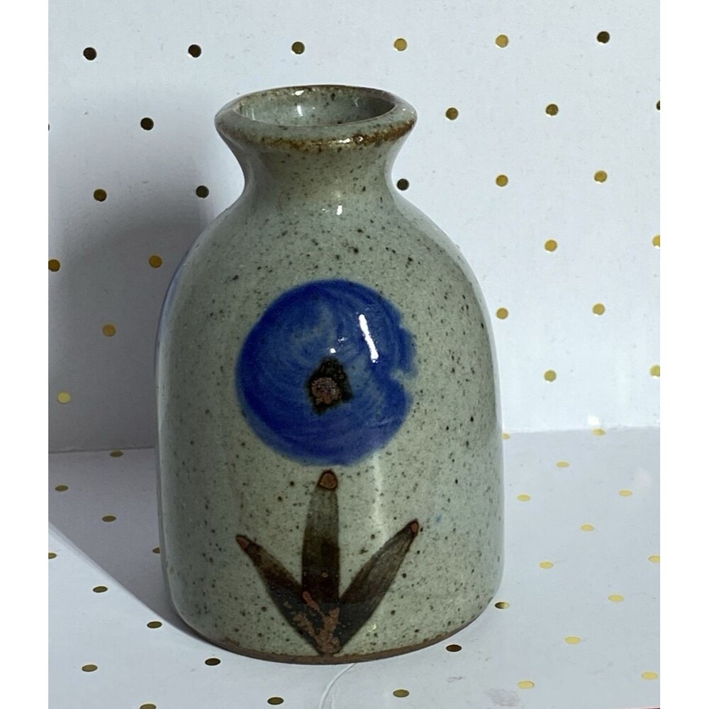 ALFRED KNOBLER Japan Ceramic Bud Vase Grey w/Blue Flowers Green Stems  MCM 3.5"